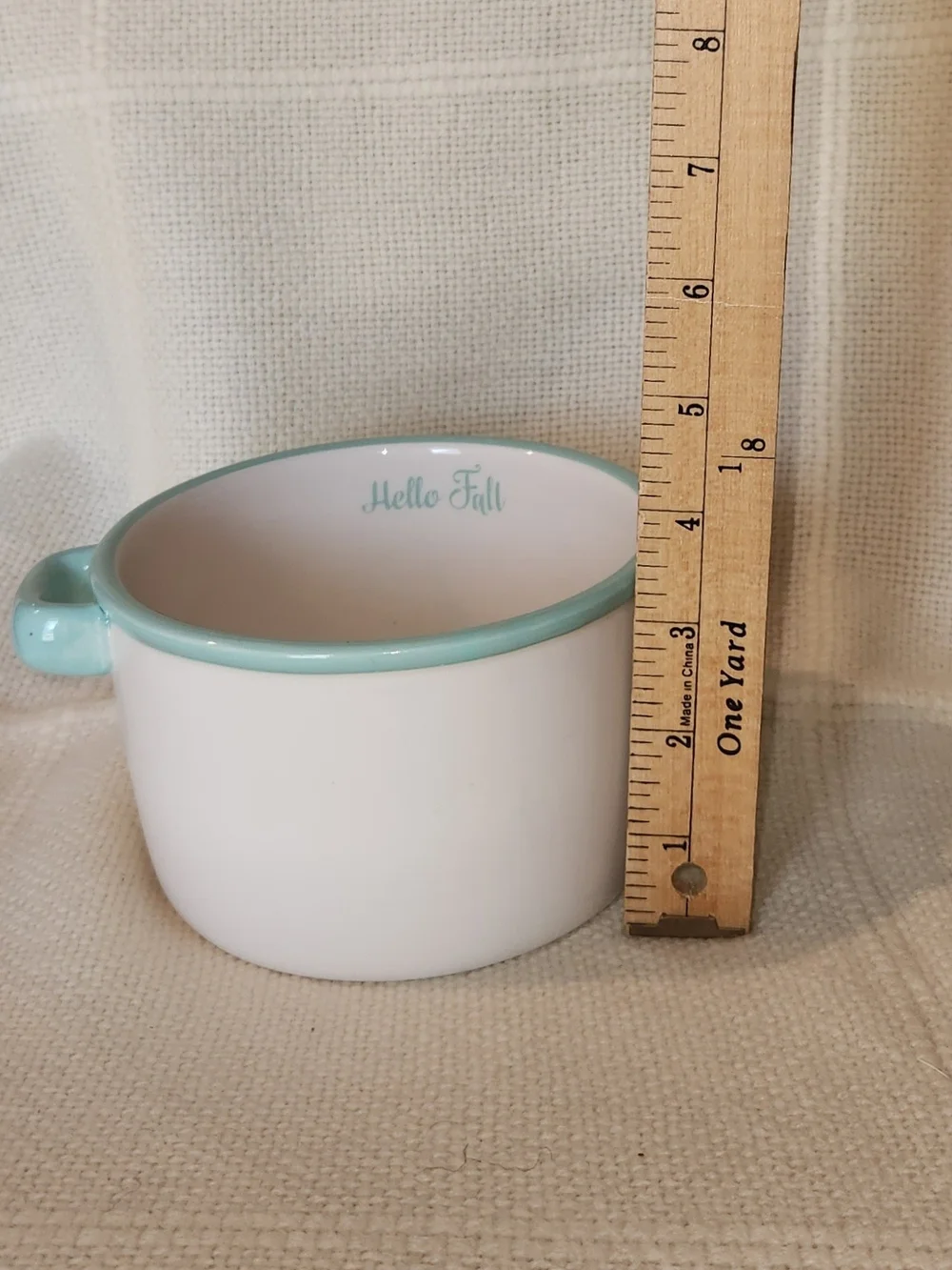 Ceramic 'Hello Fall' White and Light Teal Handle Bowl
